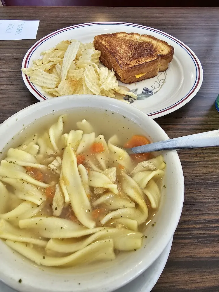 Grilled Cheese Sandwich and Very Hot Chicken Noodle Soup